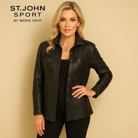 St. John Black Leather Button-Up Jacket – Size M (New Without Tags) - Picture 1 of 15